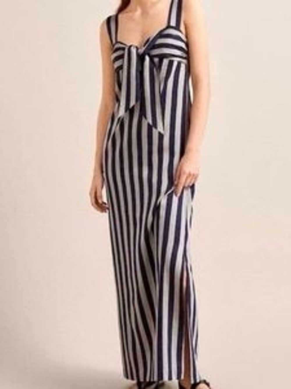 Massimo Dutti Striped Linen Blend Maxi Dress Navy Beige Size 8